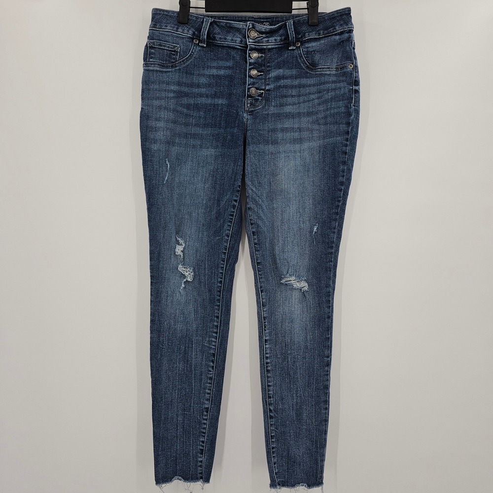 Maurices Size 32L Blue Denim High Rise Distressed Button Fly Skinny Jeans